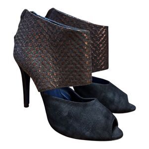 Valentina Rangoni Stiletto Heels Sz 6.5 Ankle Strap Black Suede Bronze Leather